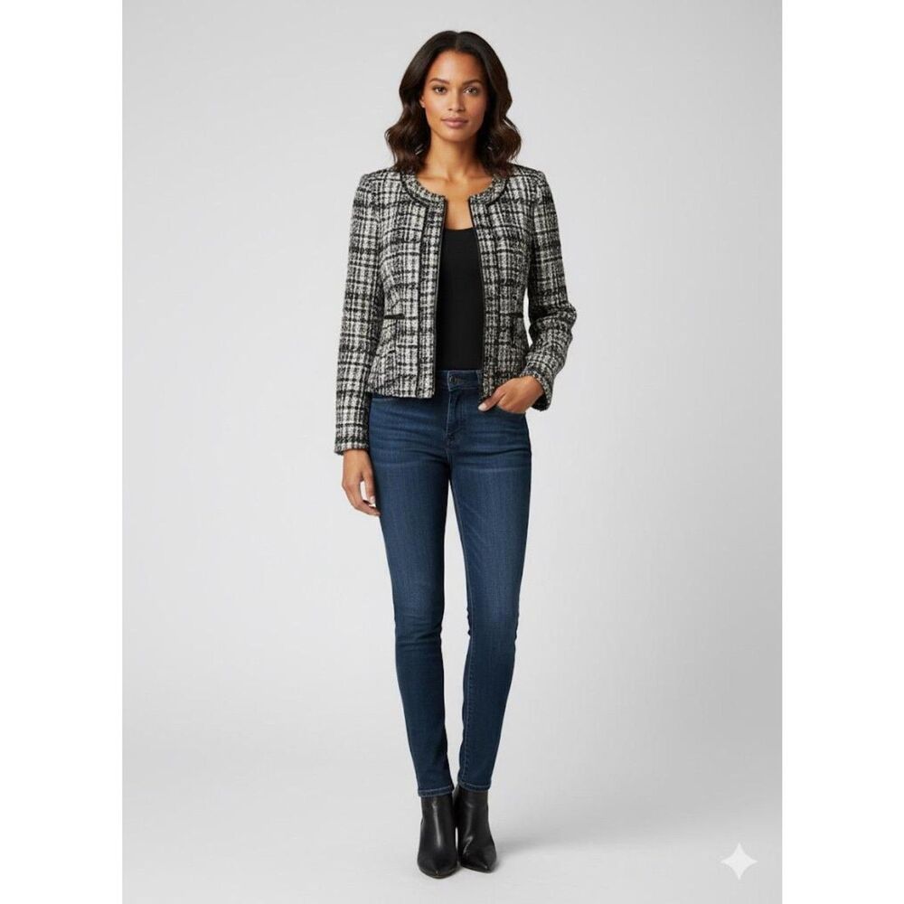 Ann Taylor Tweed Boucle Wool Blazer Women’s 8 Black Grey Blue Jacket Zip Office - Picture 2 of 8